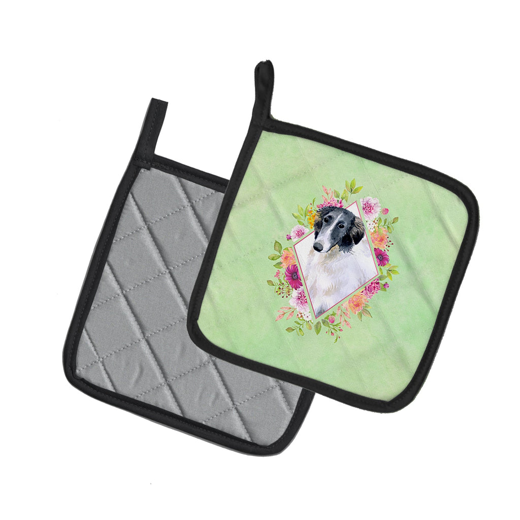 Borzoi Green Flowers Pot Holder Set of 2 Heat Resistant Quilted Hot Pads 7.5 x 7.5 Inch, Insulated Kitchen Trivets for Cooking & Baking