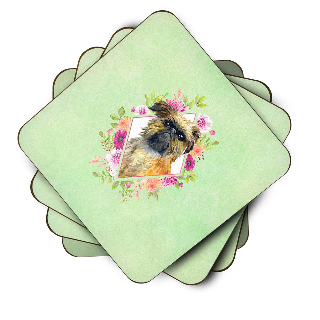 Brussels Griffon Green Flowers Foam Coasters Set of 4 Cup Coasters for Indoor Outdoor, Tabletop Protection, Anti Slip, Mouse pad Material