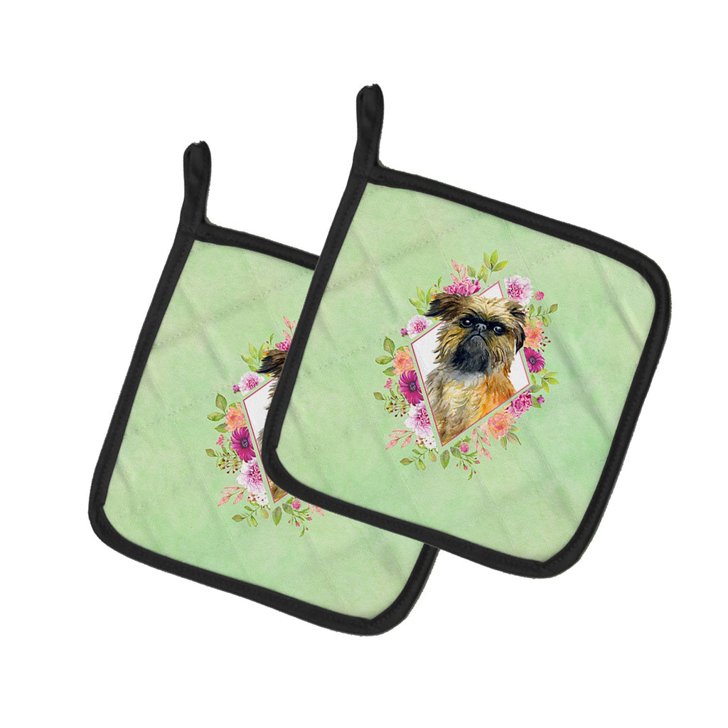 Brussels Griffon Green Flowers Pot Holder Set of 2 Heat Resistant Quilted Hot Pads 7.5 x 7.5 Inch, Insulated Kitchen Trivets for Cooking & Baking
