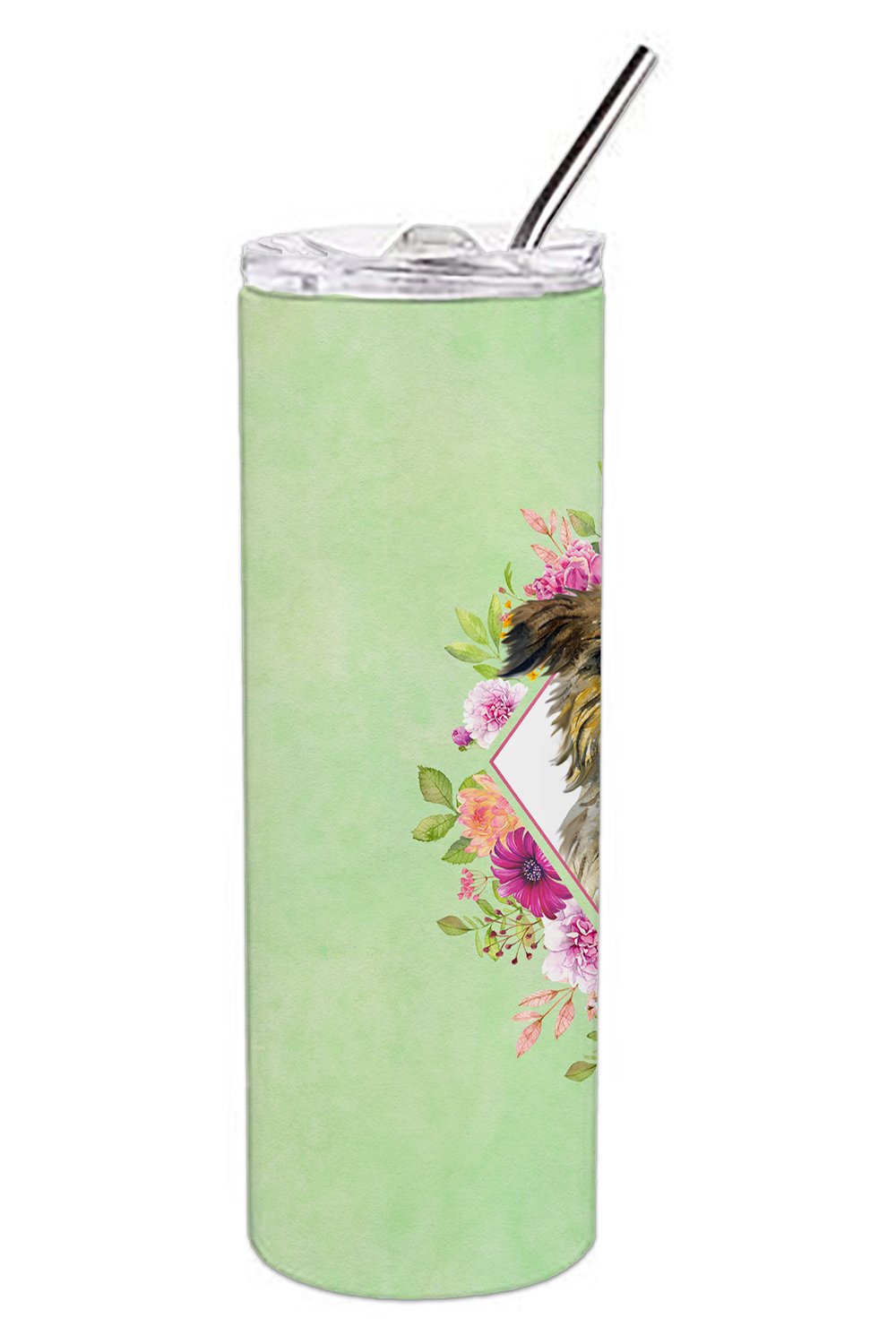 Brussels Griffon Green Flowers Stainless Steel Skinny Tumbler 20 oz Vacuum Double Walled Reusable Insulated Travel Cup
