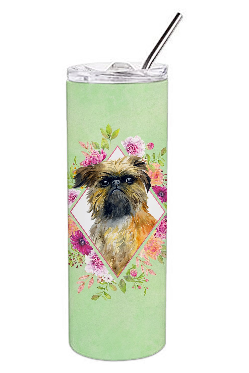 Brussels Griffon Green Flowers Stainless Steel Skinny Tumbler 20 oz Vacuum Double Walled Reusable Insulated Travel Cup