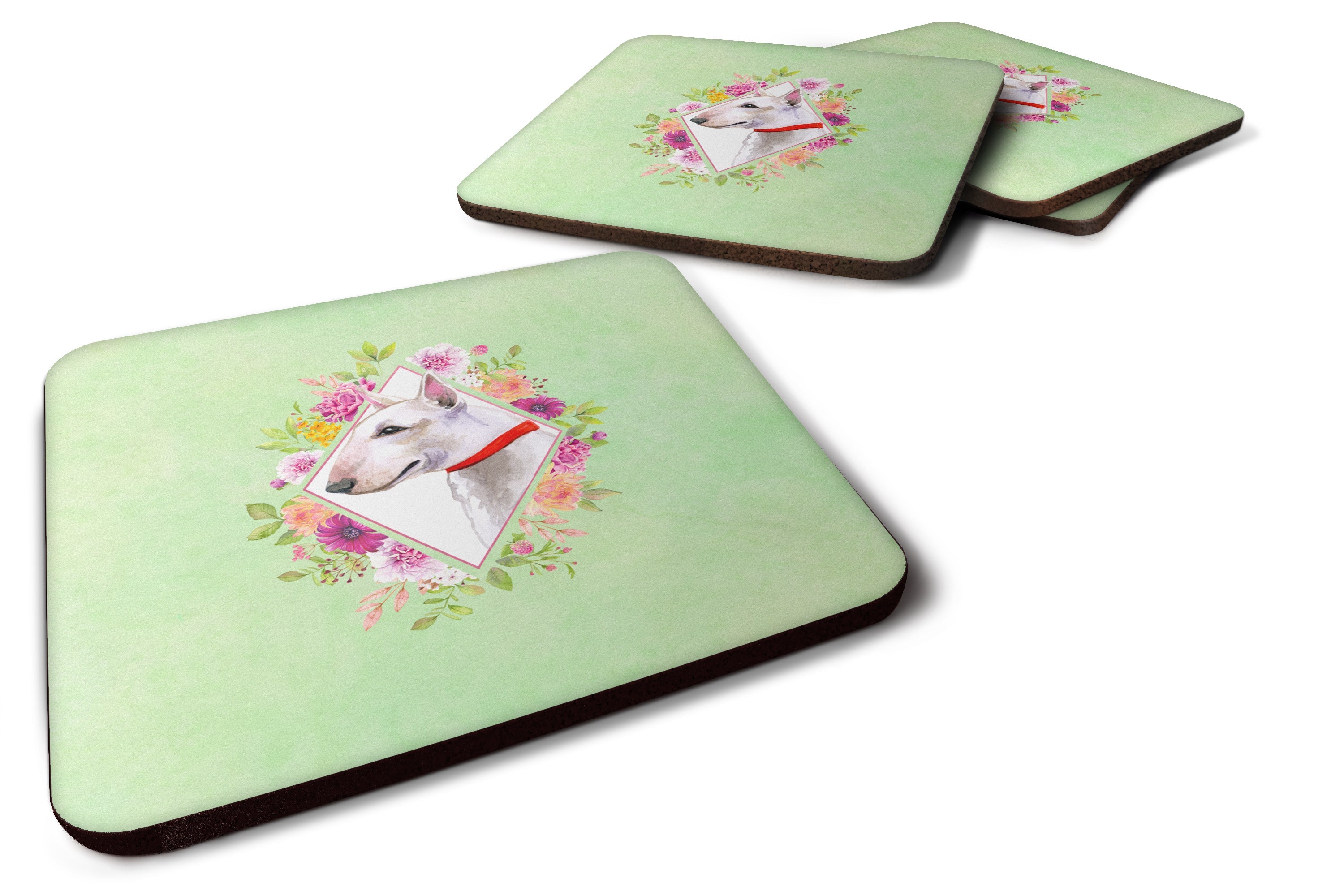 Bull Terrier Green Flowers Foam Coasters Set of 4 Cup Coasters for Indoor Outdoor, Tabletop Protection, Anti Slip, Mouse pad Material