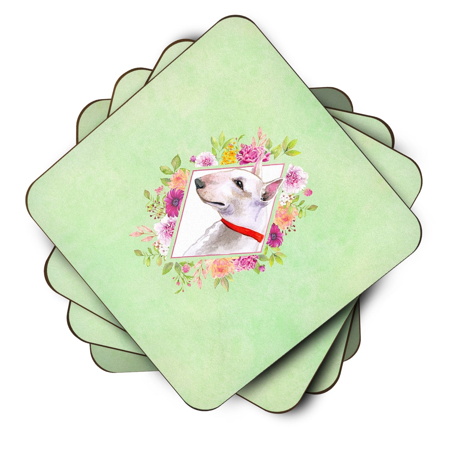 Bull Terrier Green Flowers Foam Coasters Set of 4 Cup Coasters for Indoor Outdoor, Tabletop Protection, Anti Slip, Mouse pad Material