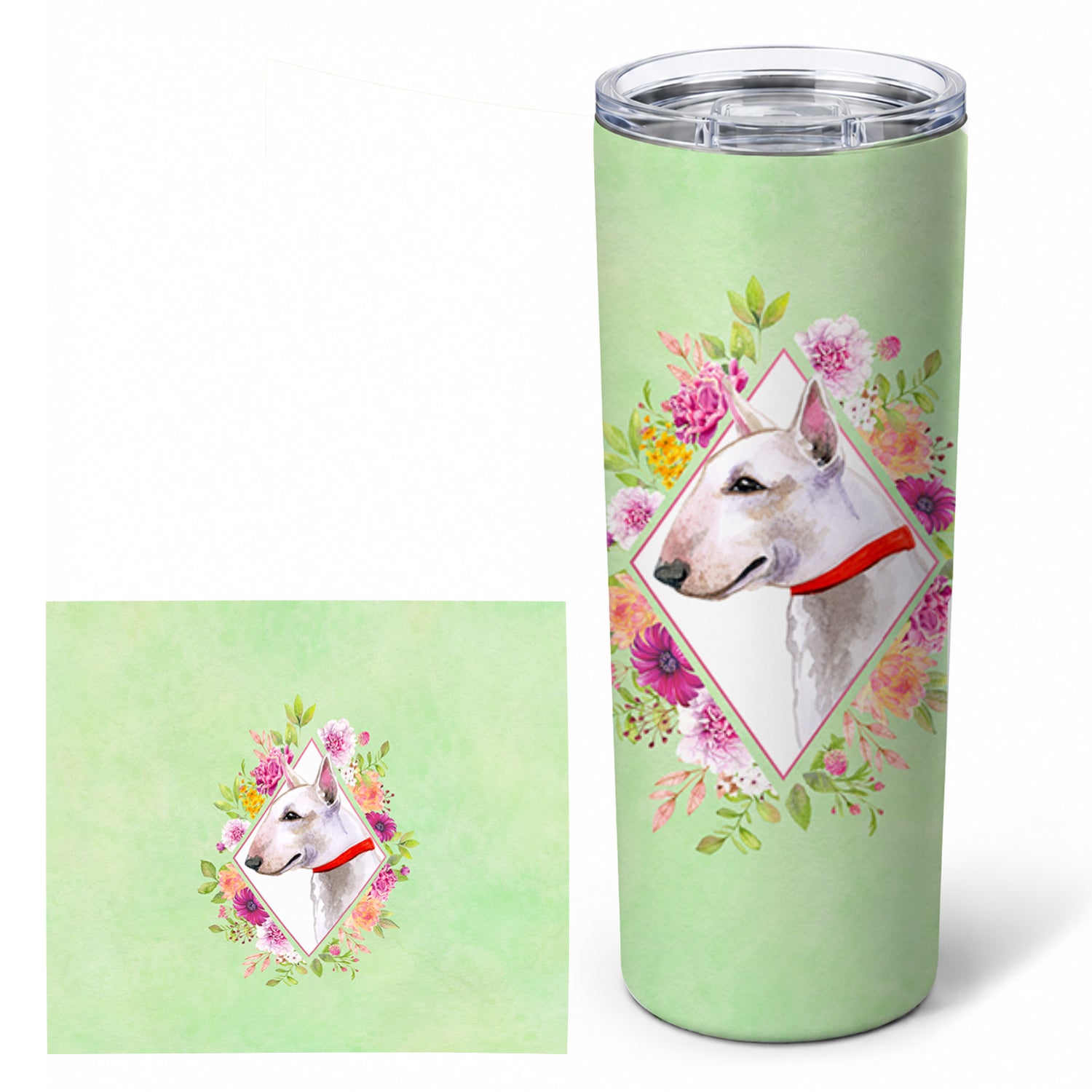 Bull Terrier Green Flowers Stainless Steel Skinny Tumbler 20 oz Vacuum Double Walled Reusable Insulated Travel Cup