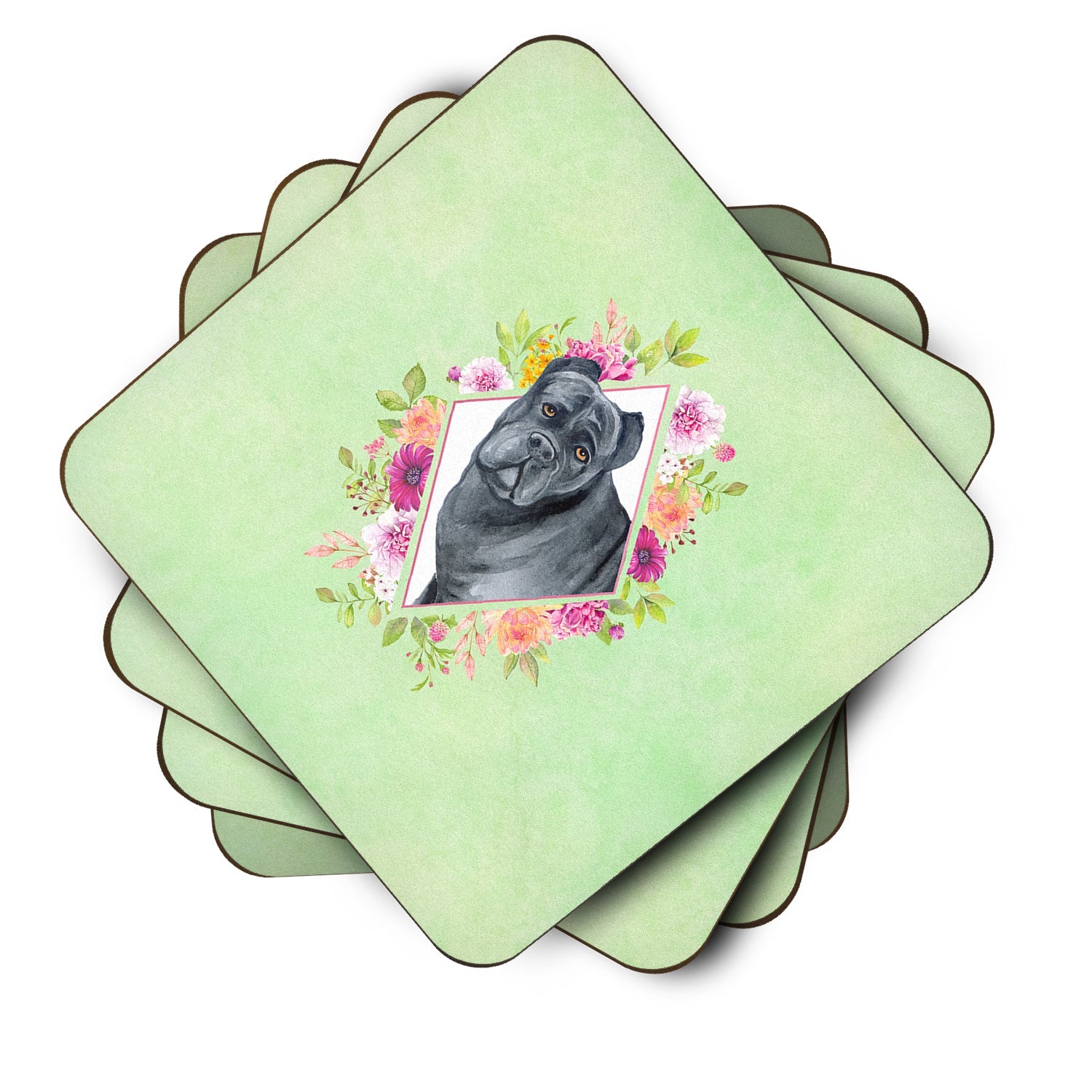 Cane Corso Green Flowers Foam Coasters Set of 4 Cup Coasters for Indoor Outdoor, Tabletop Protection, Anti Slip, Mouse pad Material
