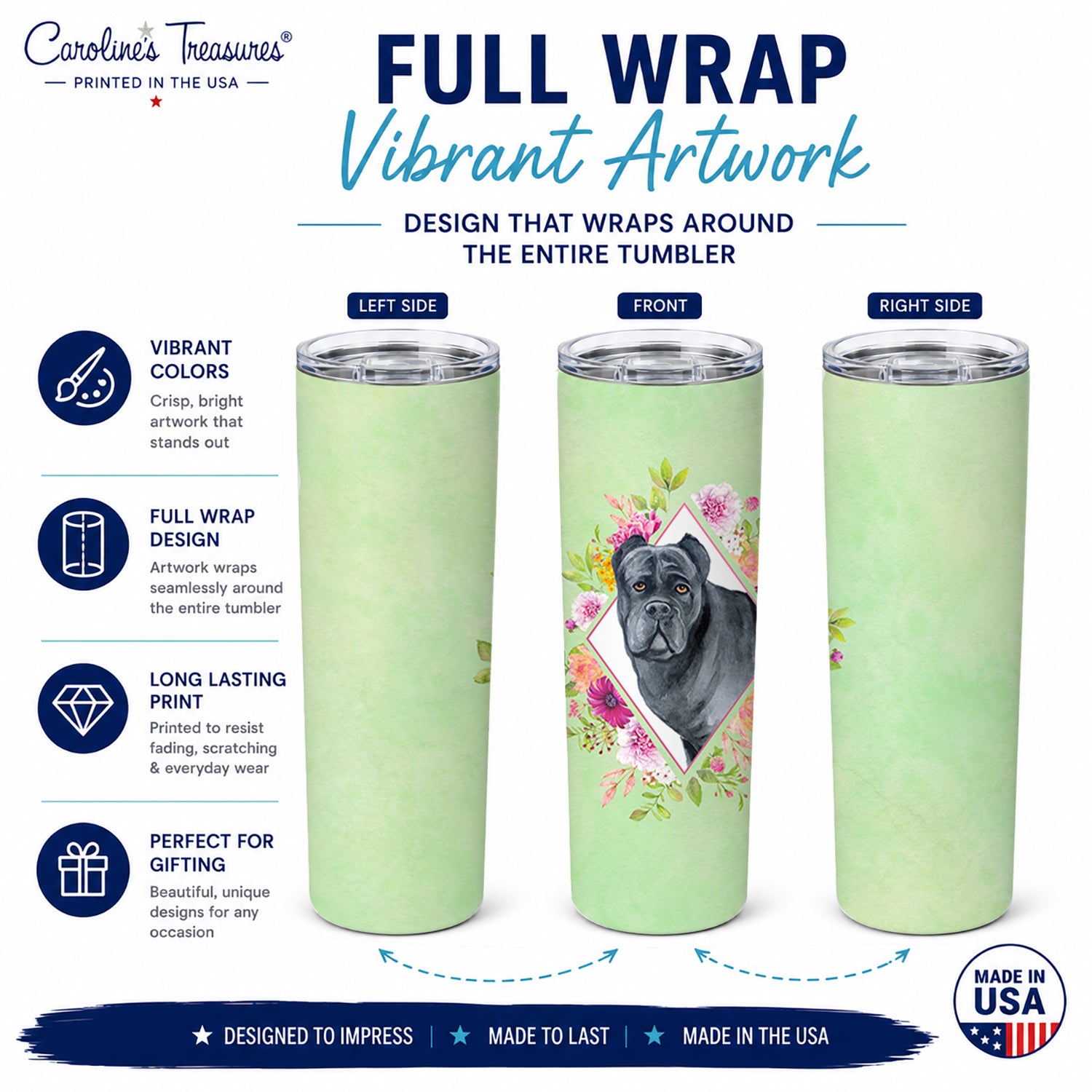 Cane Corso Green Flowers Stainless Steel Skinny Tumbler 20 oz Vacuum Double Walled Reusable Insulated Travel Cup