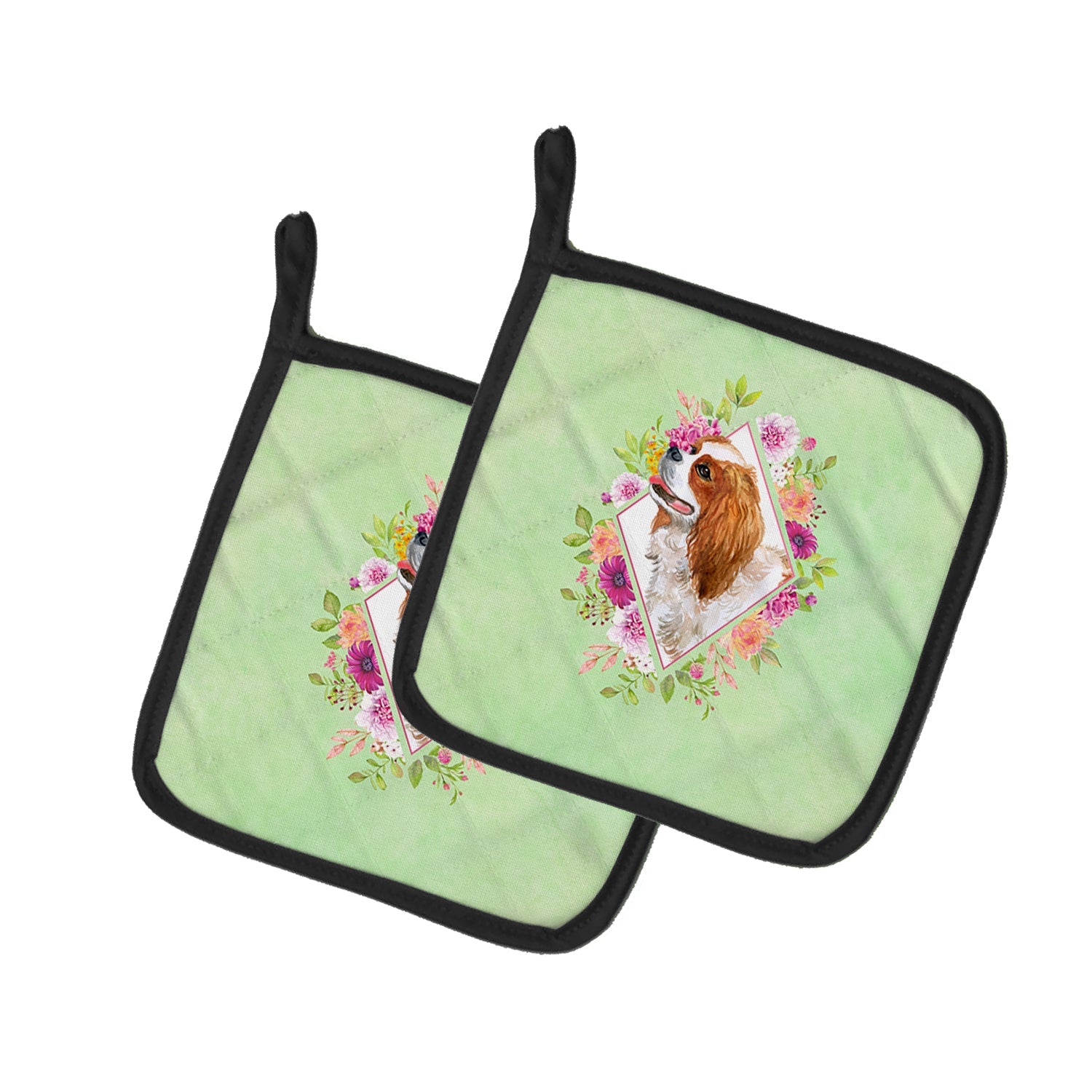 Cavalier King Charles Spaniel Green Flowers Pot Holder Set of 2 Heat Resistant Quilted Hot Pads 7.5 x 7.5 Inch, Insulated Kitchen Trivets for Cooking & Baking