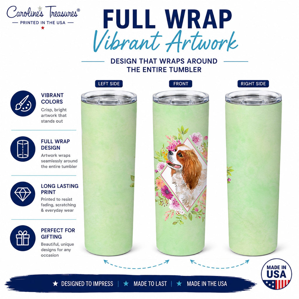 Cavalier King Charles Spaniel Green Flowers Stainless Steel Skinny Tumbler 20 oz Vacuum Double Walled Reusable Insulated Travel Cup