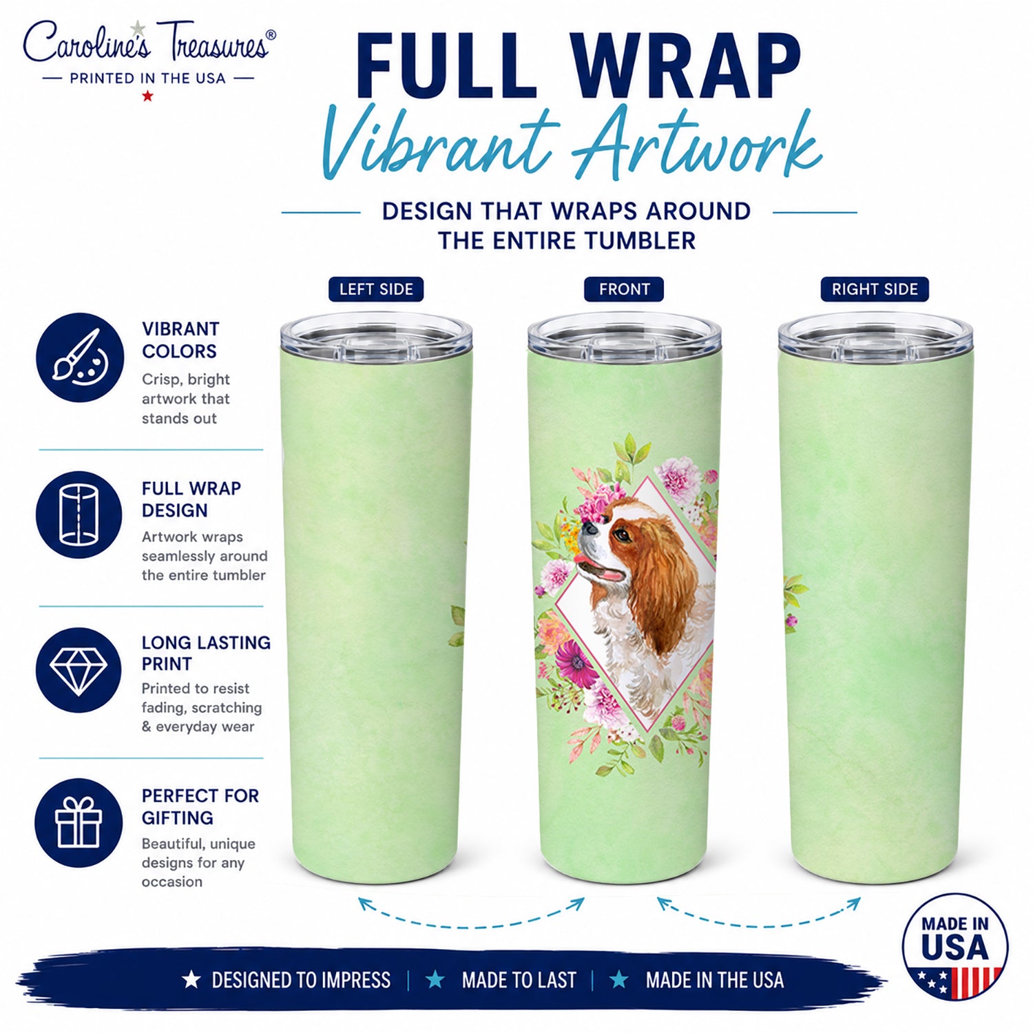 Cavalier King Charles Spaniel Green Flowers Stainless Steel Skinny Tumbler 20 oz Vacuum Double Walled Reusable Insulated Travel Cup