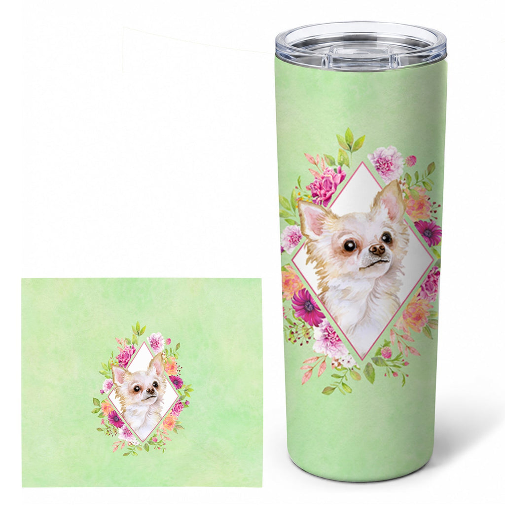 Long Hair Chihuahua Green Flowers Stainless Steel Skinny Tumbler 20 oz Vacuum Double Walled Reusable Insulated Travel Cup