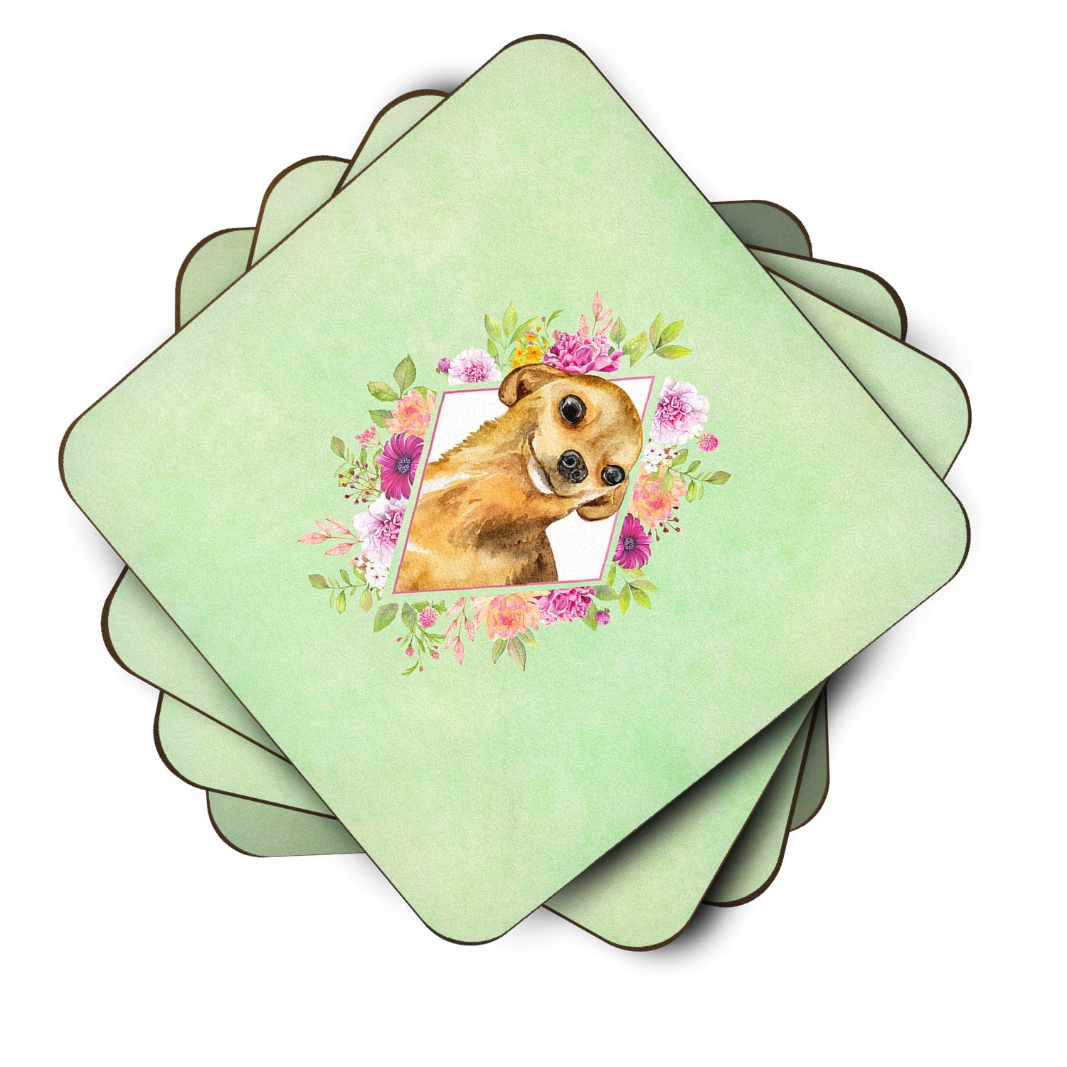 Chihuahua #1 Green Flowers Foam Coasters Set of 4 Cup Coasters for Indoor Outdoor, Tabletop Protection, Anti Slip, Mouse pad Material