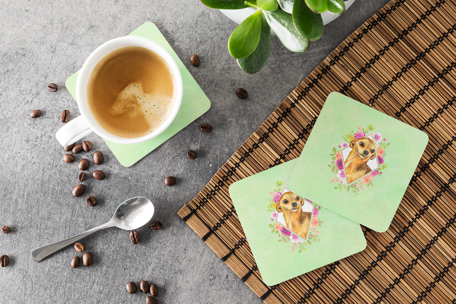 Chihuahua #1 Green Flowers Foam Coasters Set of 4 Cup Coasters for Indoor Outdoor, Tabletop Protection, Anti Slip, Mouse pad Material