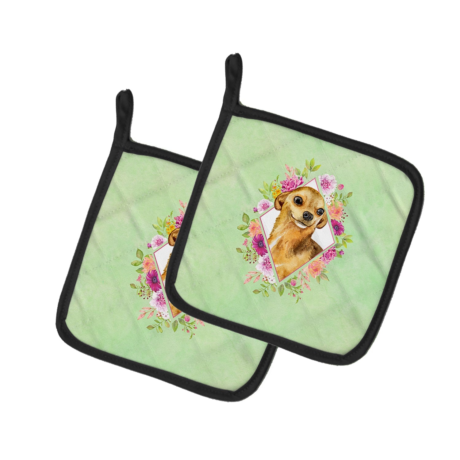 Chihuahua #1 Green Flowers Pot Holder Set of 2 Heat Resistant Quilted Hot Pads 7.5 x 7.5 Inch, Insulated Kitchen Trivets for Cooking & Baking
