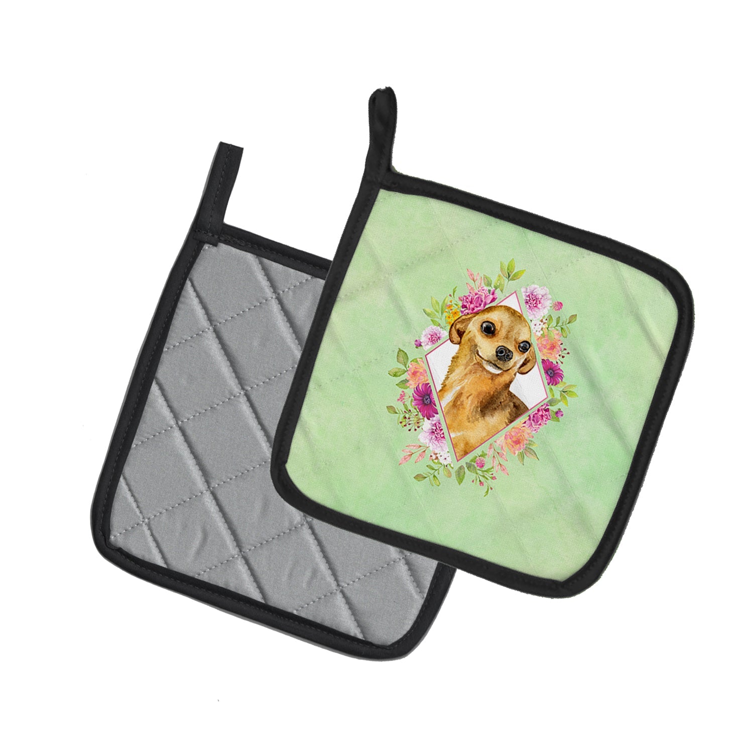 Chihuahua #1 Green Flowers Pot Holder Set of 2 Heat Resistant Quilted Hot Pads 7.5 x 7.5 Inch, Insulated Kitchen Trivets for Cooking & Baking