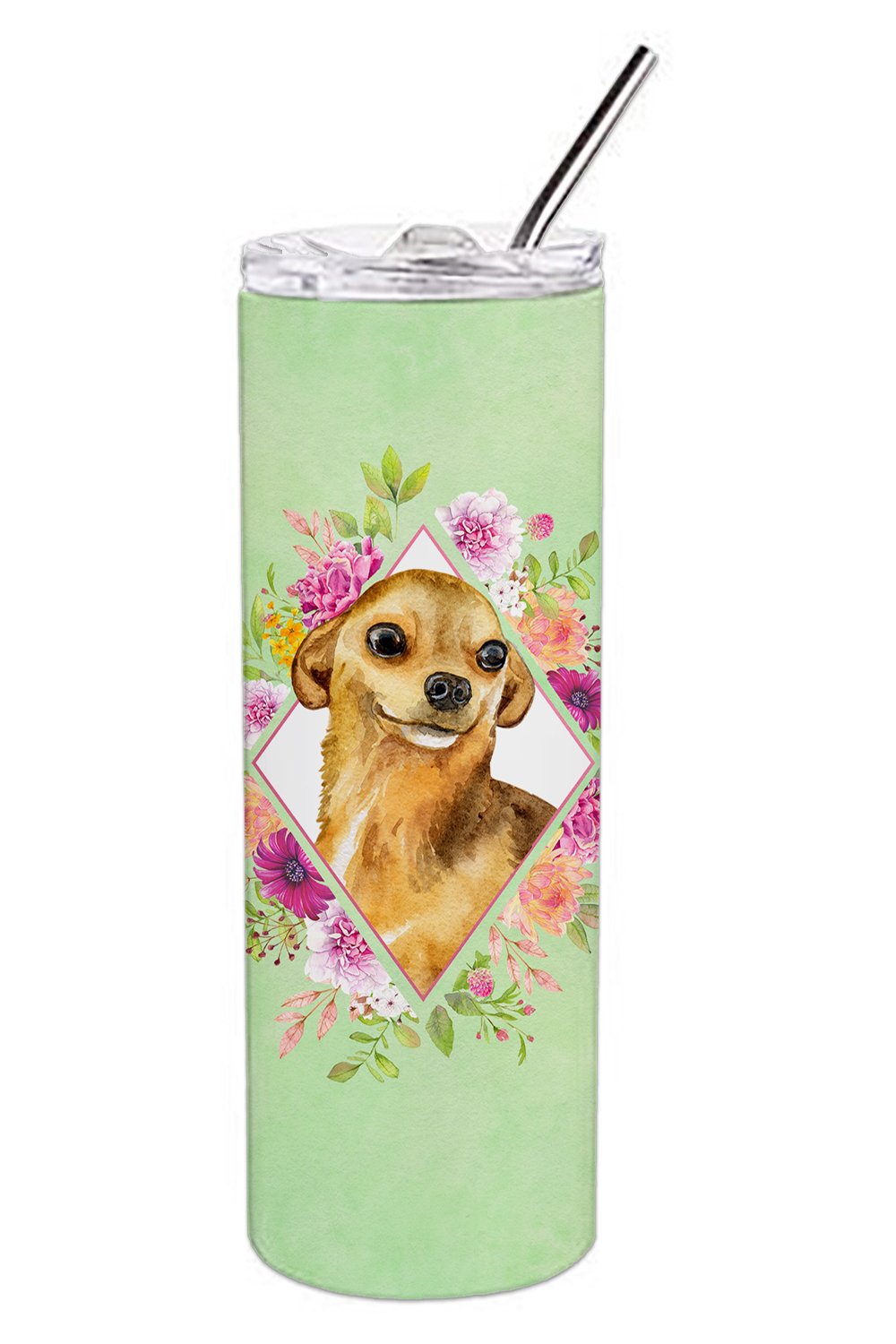 Chihuahua #1 Green Flowers Stainless Steel Skinny Tumbler 20 oz Vacuum Double Walled Reusable Insulated Travel Cup