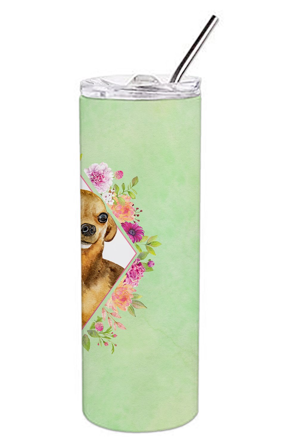 Chihuahua #1 Green Flowers Stainless Steel Skinny Tumbler 20 oz Vacuum Double Walled Reusable Insulated Travel Cup