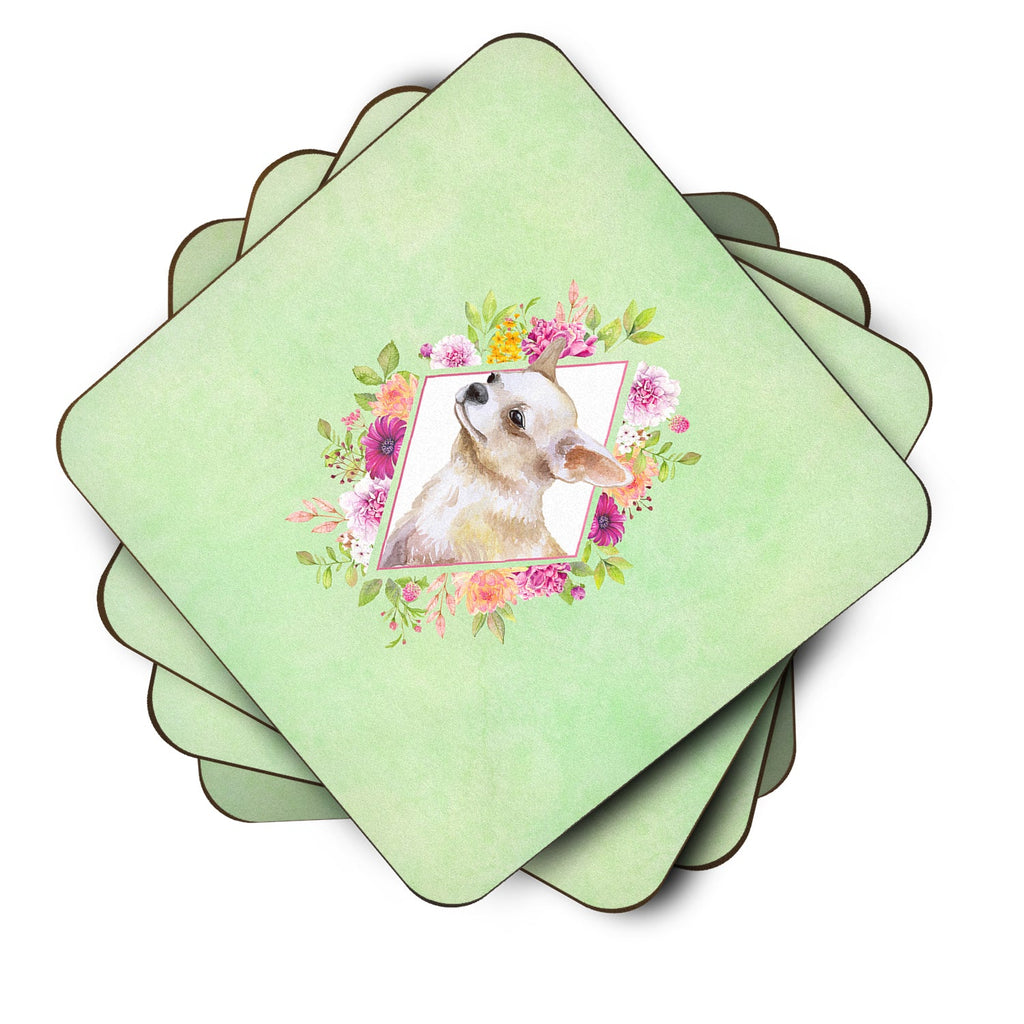 Chihuahua #2 Green Flowers Foam Coasters Set of 4 Cup Coasters for Indoor Outdoor, Tabletop Protection, Anti Slip, Mouse pad Material