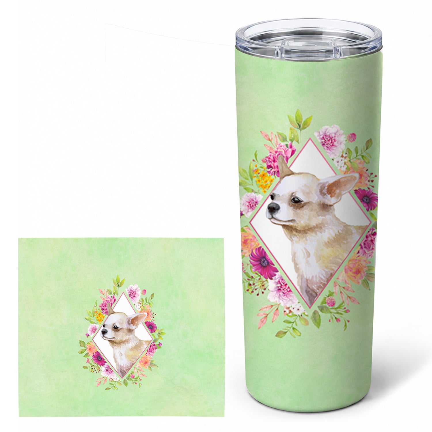 Chihuahua #2 Green Flowers Stainless Steel Skinny Tumbler 20 oz Vacuum Double Walled Reusable Insulated Travel Cup