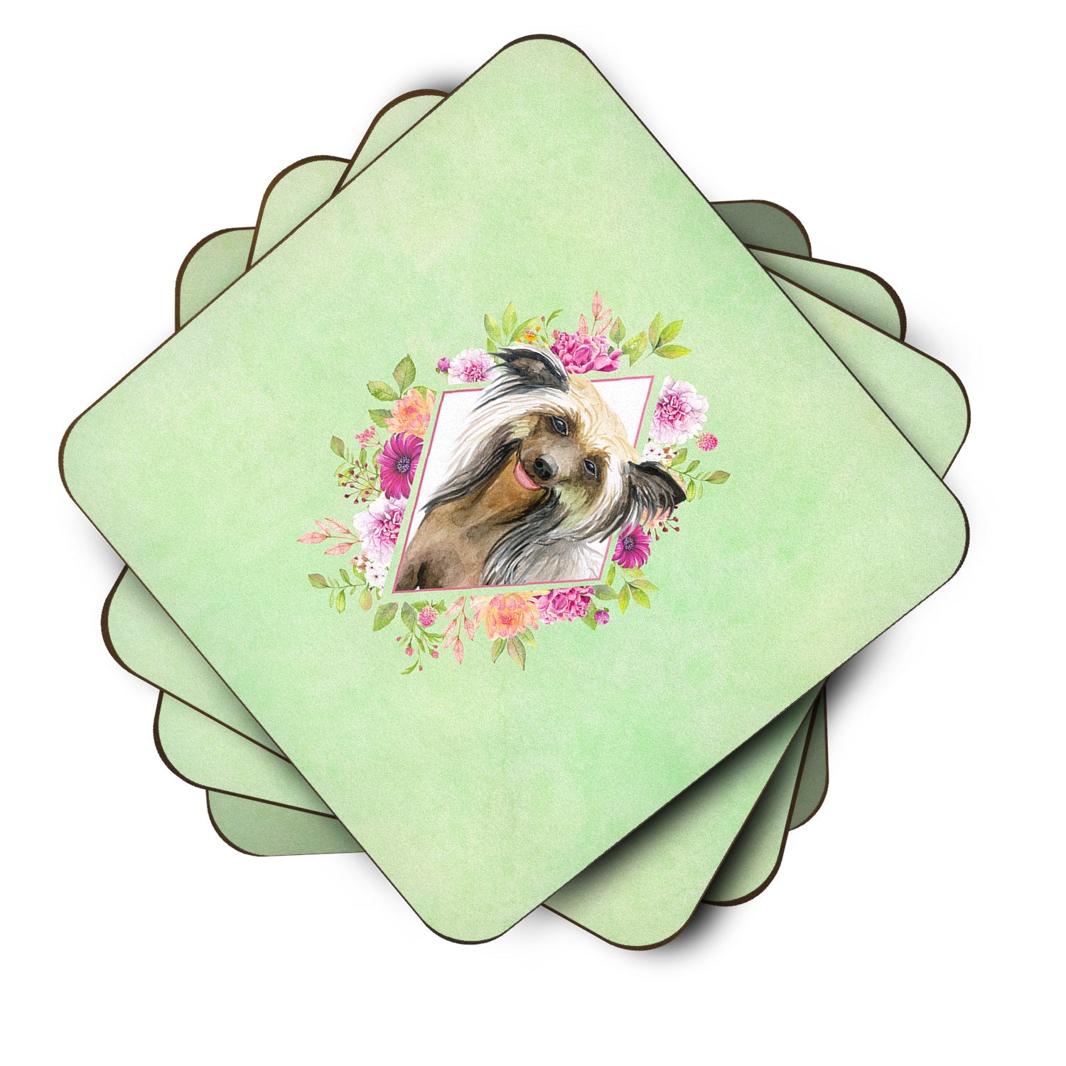 Chinese Crested Green Flowers Foam Coasters Set of 4 Cup Coasters for Indoor Outdoor, Tabletop Protection, Anti Slip, Mouse pad Material