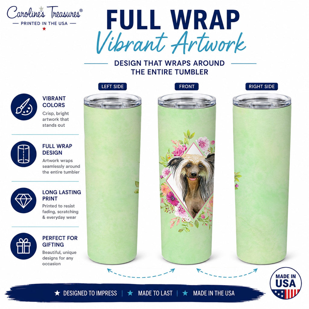 Chinese Crested Green Flowers Stainless Steel Skinny Tumbler 20 oz Vacuum Double Walled Reusable Insulated Travel Cup