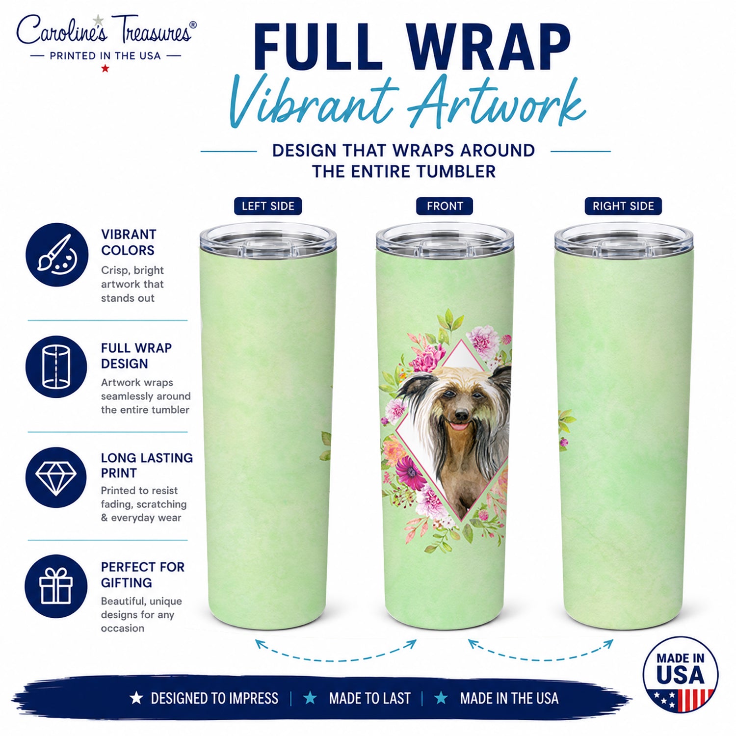 Chinese Crested Green Flowers Stainless Steel Skinny Tumbler 20 oz Vacuum Double Walled Reusable Insulated Travel Cup
