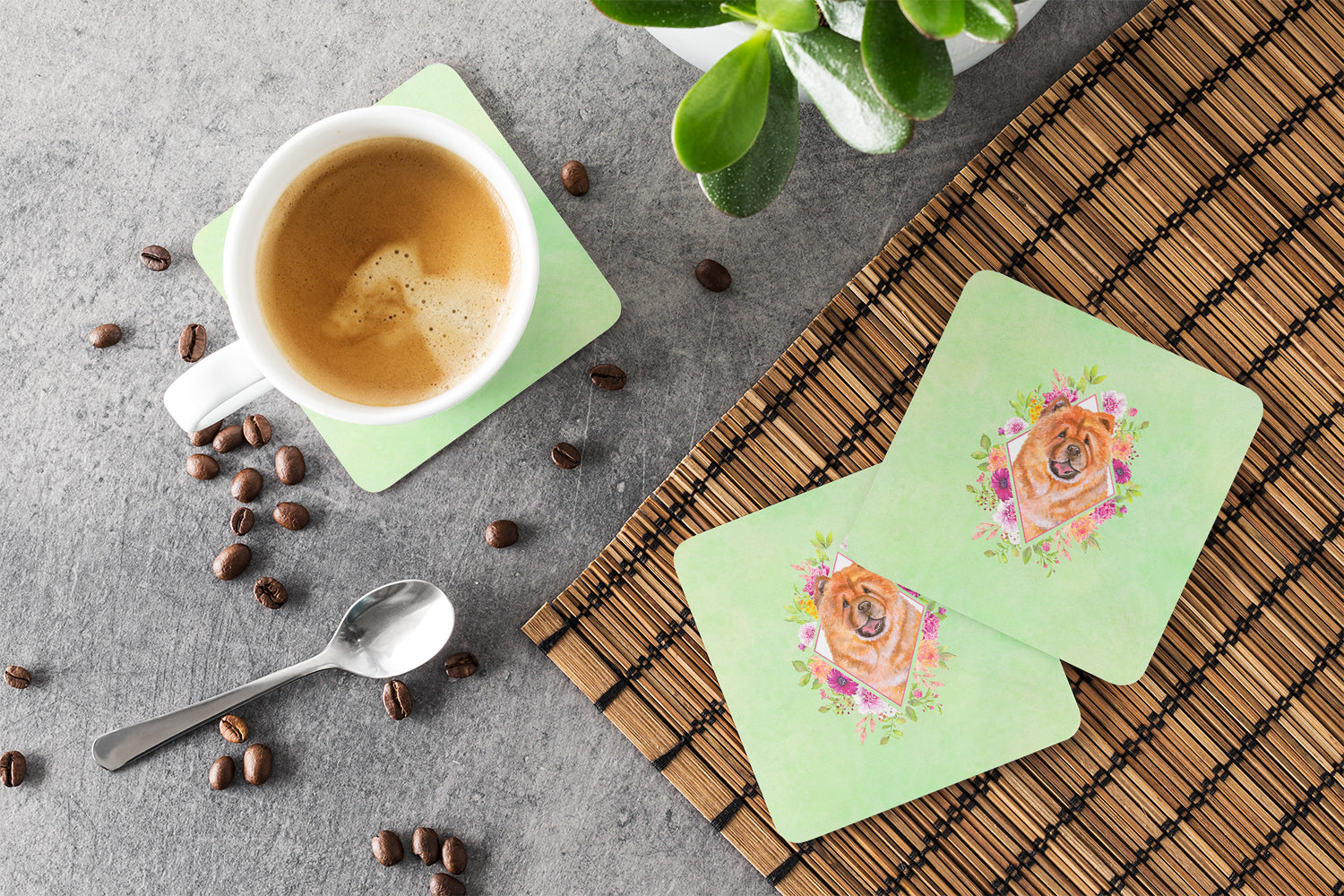 Chow Chow #1 Green Flowers Foam Coasters Set of 4 Cup Coasters for Indoor Outdoor, Tabletop Protection, Anti Slip, Mouse pad Material