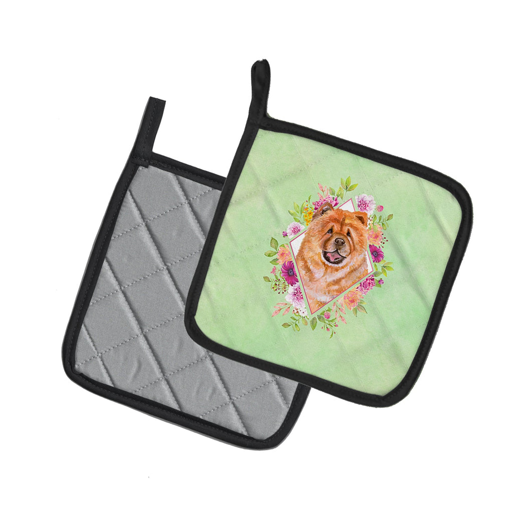 Chow Chow #1 Green Flowers Pot Holder Set of 2 Heat Resistant Quilted Hot Pads 7.5 x 7.5 Inch, Insulated Kitchen Trivets for Cooking & Baking
