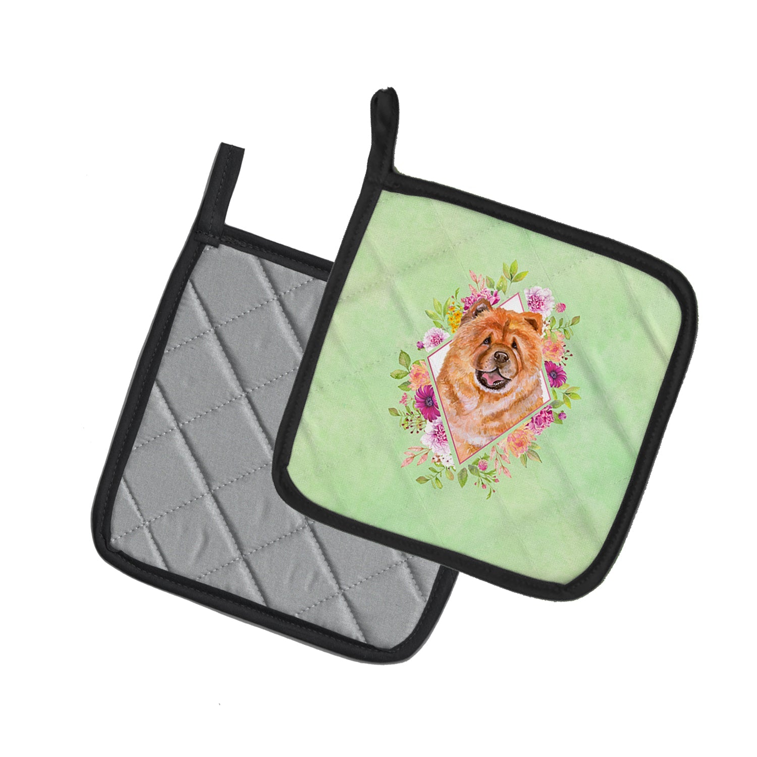 Chow Chow #1 Green Flowers Pot Holder Set of 2 Heat Resistant Quilted Hot Pads 7.5 x 7.5 Inch, Insulated Kitchen Trivets for Cooking & Baking