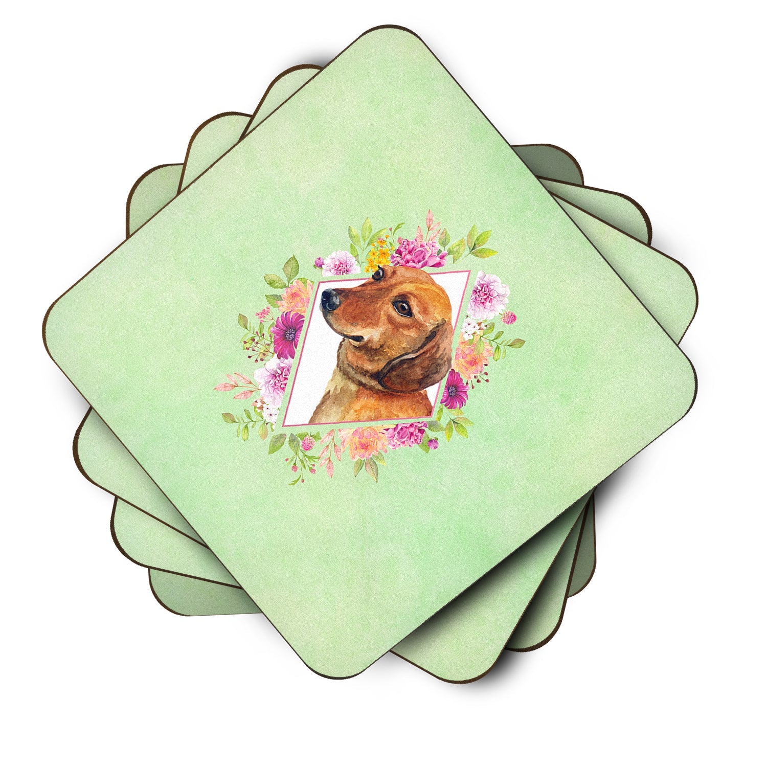 Dachshund Red #1 Green Flowers Foam Coasters Set of 4 Cup Coasters for Indoor Outdoor, Tabletop Protection, Anti Slip, Mouse pad Material