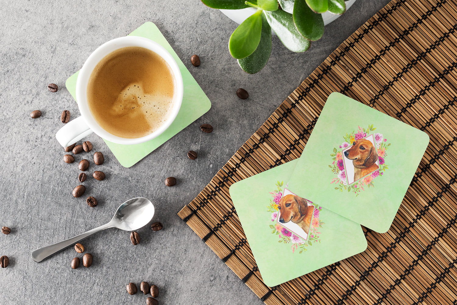 Dachshund Red #1 Green Flowers Foam Coasters Set of 4 Cup Coasters for Indoor Outdoor, Tabletop Protection, Anti Slip, Mouse pad Material
