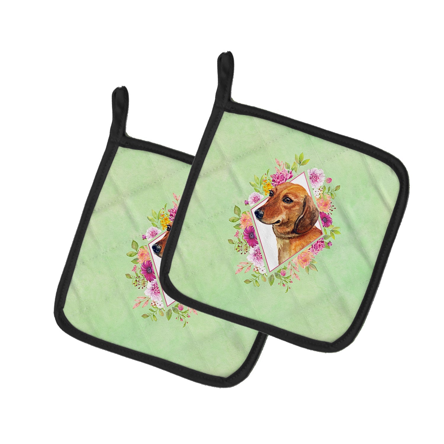 Dachshund Red #1 Green Flowers Pot Holder Set of 2 Heat Resistant Quilted Hot Pads 7.5 x 7.5 Inch, Insulated Kitchen Trivets for Cooking & Baking