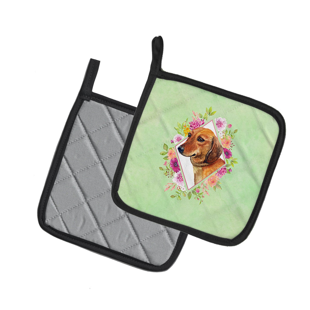 Dachshund Red #1 Green Flowers Pot Holder Set of 2 Heat Resistant Quilted Hot Pads 7.5 x 7.5 Inch, Insulated Kitchen Trivets for Cooking & Baking