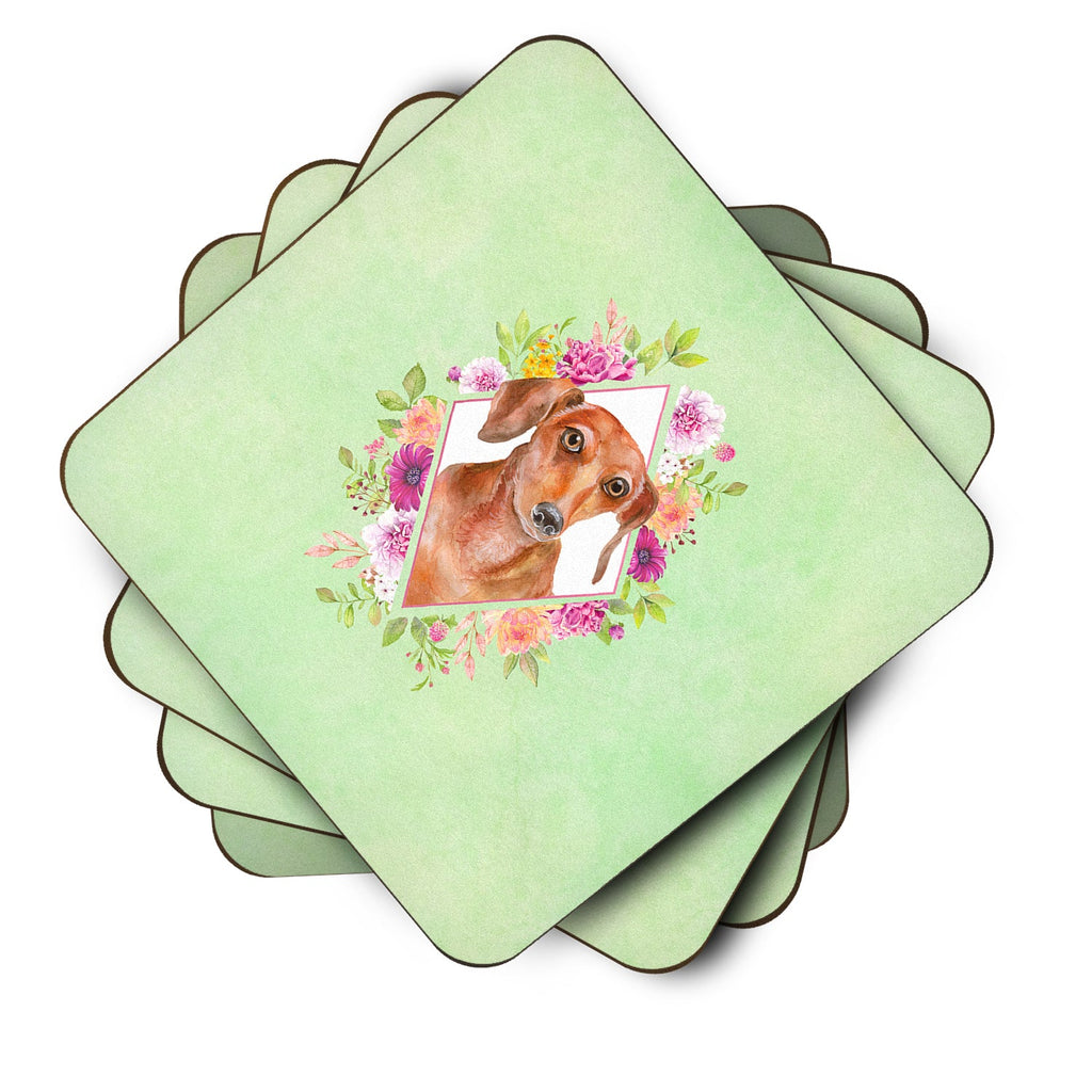 Dachshund Red #2 Green Flowers Foam Coasters Set of 4 Cup Coasters for Indoor Outdoor, Tabletop Protection, Anti Slip, Mouse pad Material