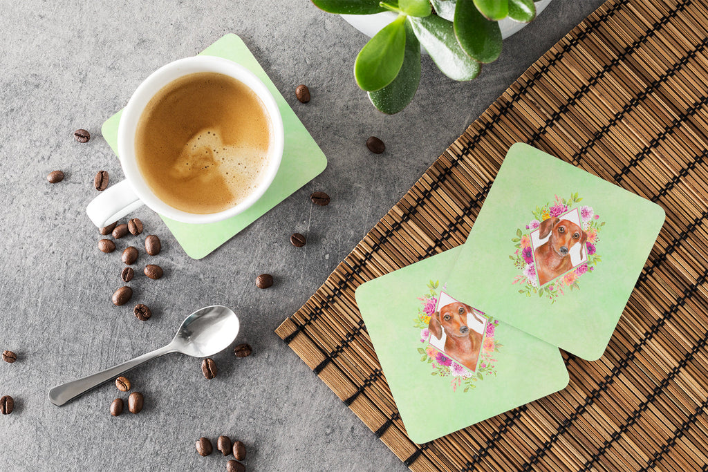 Dachshund Red #2 Green Flowers Foam Coasters Set of 4 Cup Coasters for Indoor Outdoor, Tabletop Protection, Anti Slip, Mouse pad Material