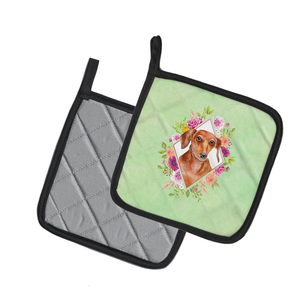 Dachshund Red #2 Green Flowers Pot Holder Set of 2 Heat Resistant Quilted Hot Pads 7.5 x 7.5 Inch, Insulated Kitchen Trivets for Cooking & Baking