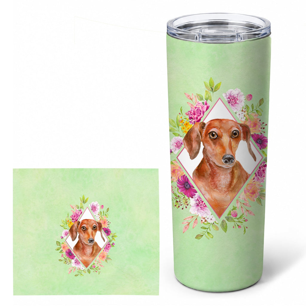 Dachshund Red #2 Green Flowers Stainless Steel Skinny Tumbler 20 oz Vacuum Double Walled Reusable Insulated Travel Cup
