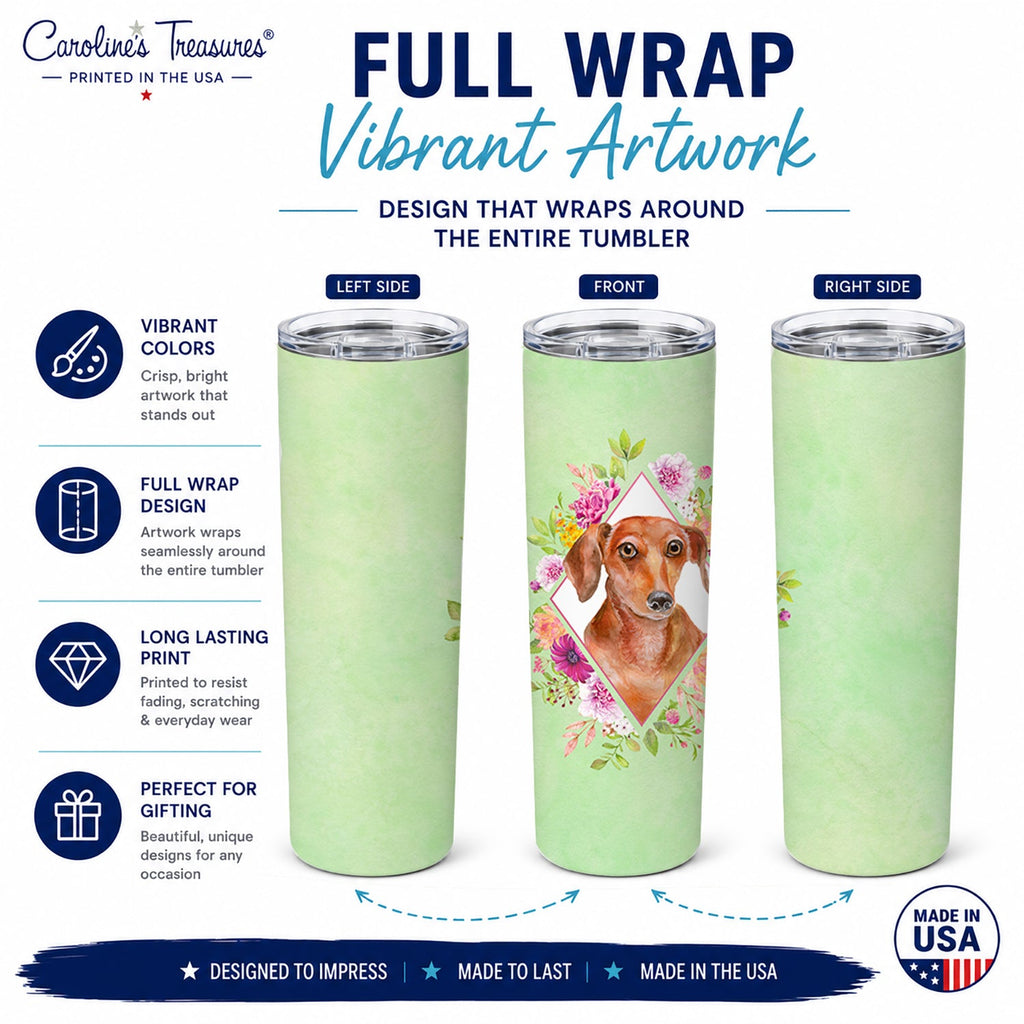 Dachshund Red #2 Green Flowers Stainless Steel Skinny Tumbler 20 oz Vacuum Double Walled Reusable Insulated Travel Cup