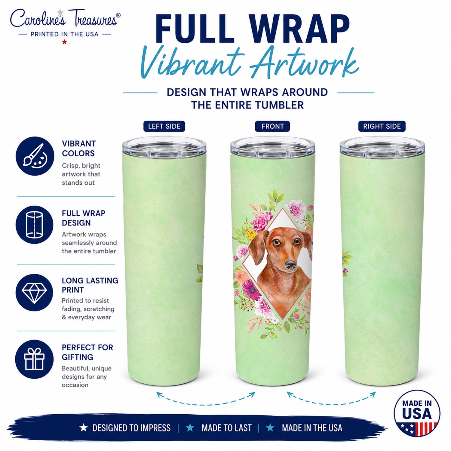 Dachshund Red #2 Green Flowers Stainless Steel Skinny Tumbler 20 oz Vacuum Double Walled Reusable Insulated Travel Cup
