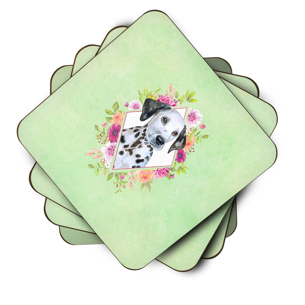Dalmatian Puppy Green Flowers Foam Coasters Set of 4 Cup Coasters for Indoor Outdoor, Tabletop Protection, Anti Slip, Mouse pad Material