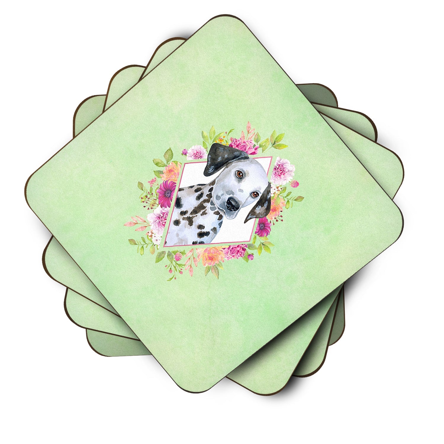 Dalmatian Puppy Green Flowers Foam Coasters Set of 4 Cup Coasters for Indoor Outdoor, Tabletop Protection, Anti Slip, Mouse pad Material