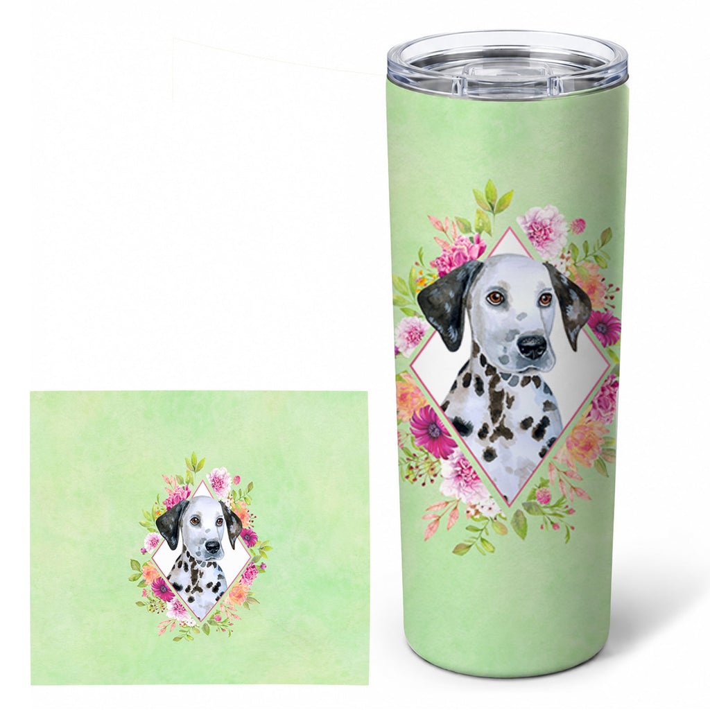 Dalmatian Puppy Green Flowers Stainless Steel Skinny Tumbler 20 oz Vacuum Double Walled Reusable Insulated Travel Cup