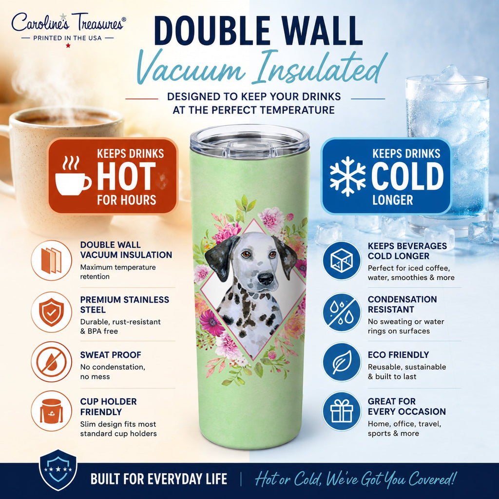 Dalmatian Puppy Green Flowers Stainless Steel Skinny Tumbler 20 oz Vacuum Double Walled Reusable Insulated Travel Cup