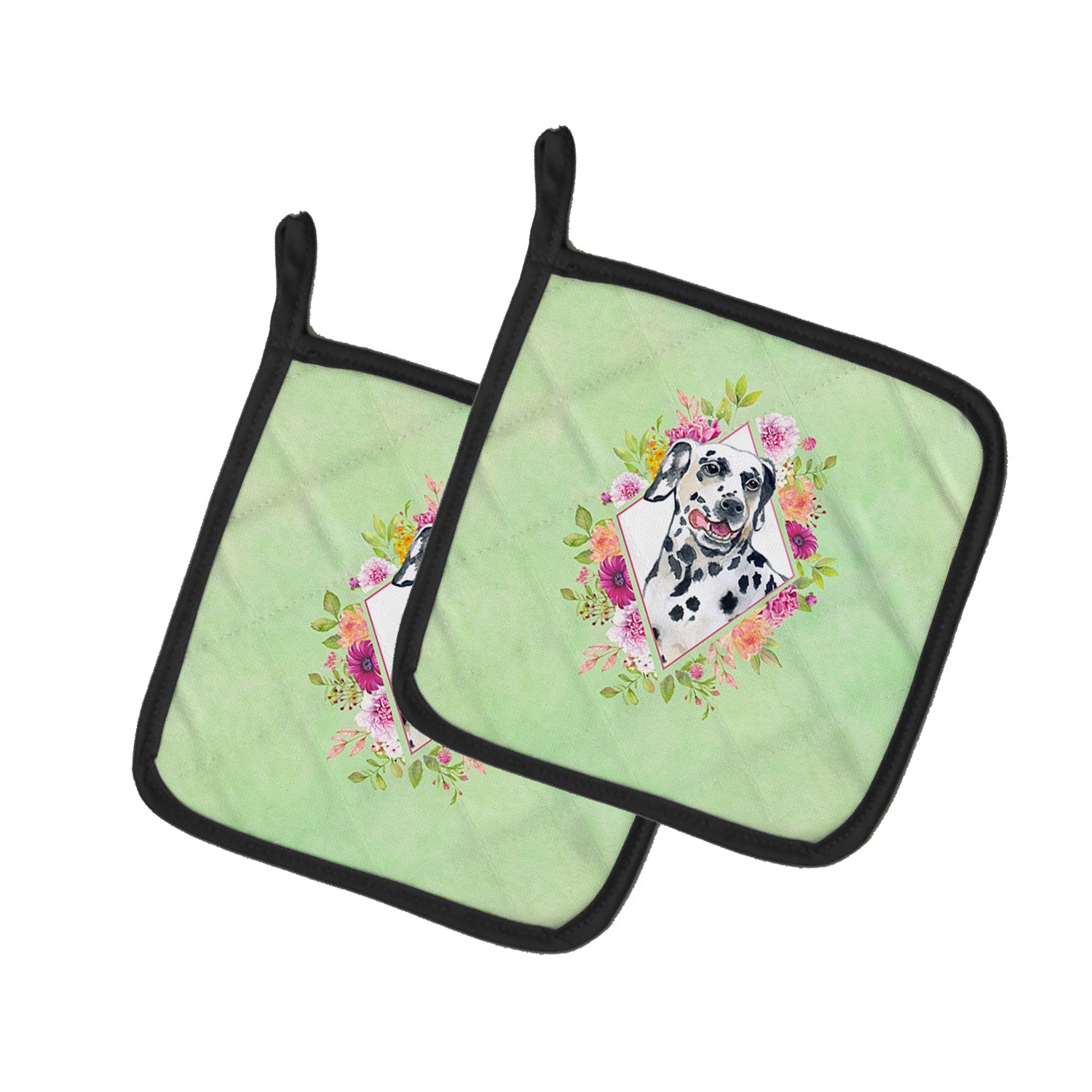 Dalmatian Green Flowers Pot Holder Set of 2 Heat Resistant Quilted Hot Pads 7.5 x 7.5 Inch, Insulated Kitchen Trivets for Cooking & Baking