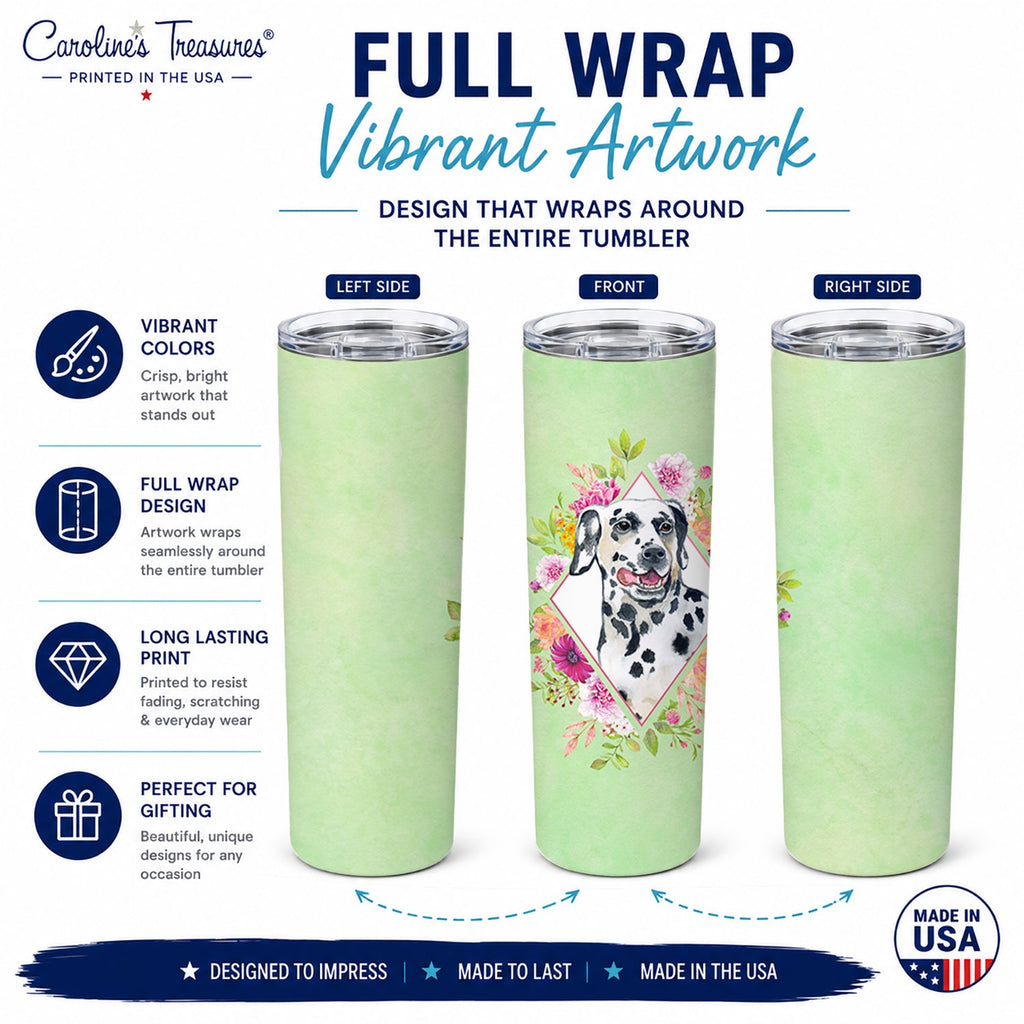 Dalmatian Green Flowers Stainless Steel Skinny Tumbler 20 oz Vacuum Double Walled Reusable Insulated Travel Cup