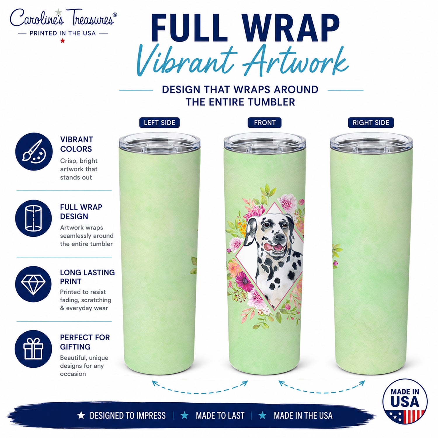 Dalmatian Green Flowers Stainless Steel Skinny Tumbler 20 oz Vacuum Double Walled Reusable Insulated Travel Cup