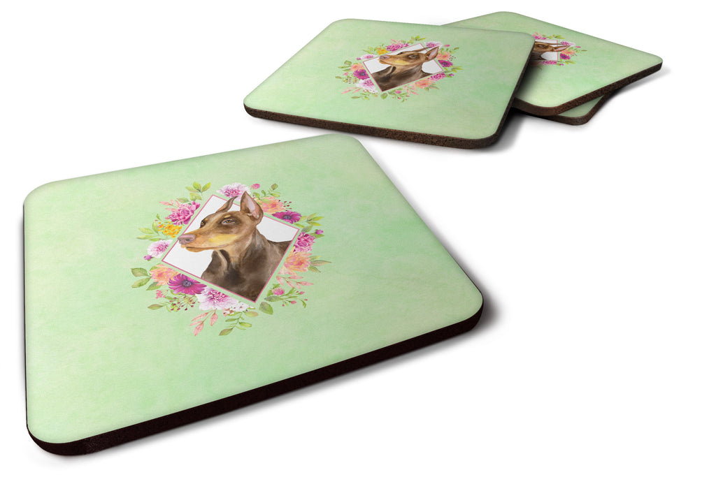 Doberman Pinscher Green Flowers Foam Coasters Set of 4 Cup Coasters for Indoor Outdoor, Tabletop Protection, Anti Slip, Mouse pad Material