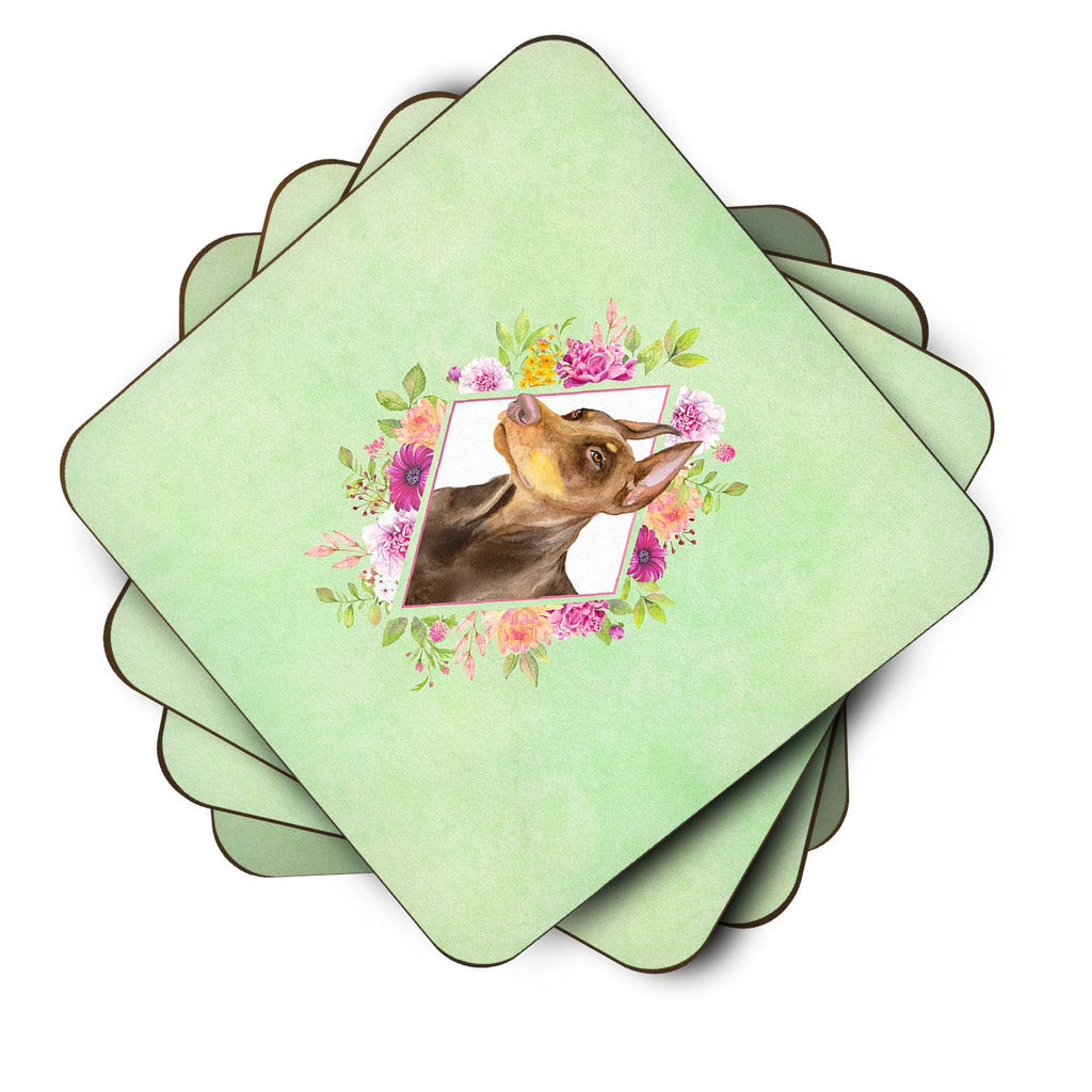 Doberman Pinscher Green Flowers Foam Coasters Set of 4 Cup Coasters for Indoor Outdoor, Tabletop Protection, Anti Slip, Mouse pad Material