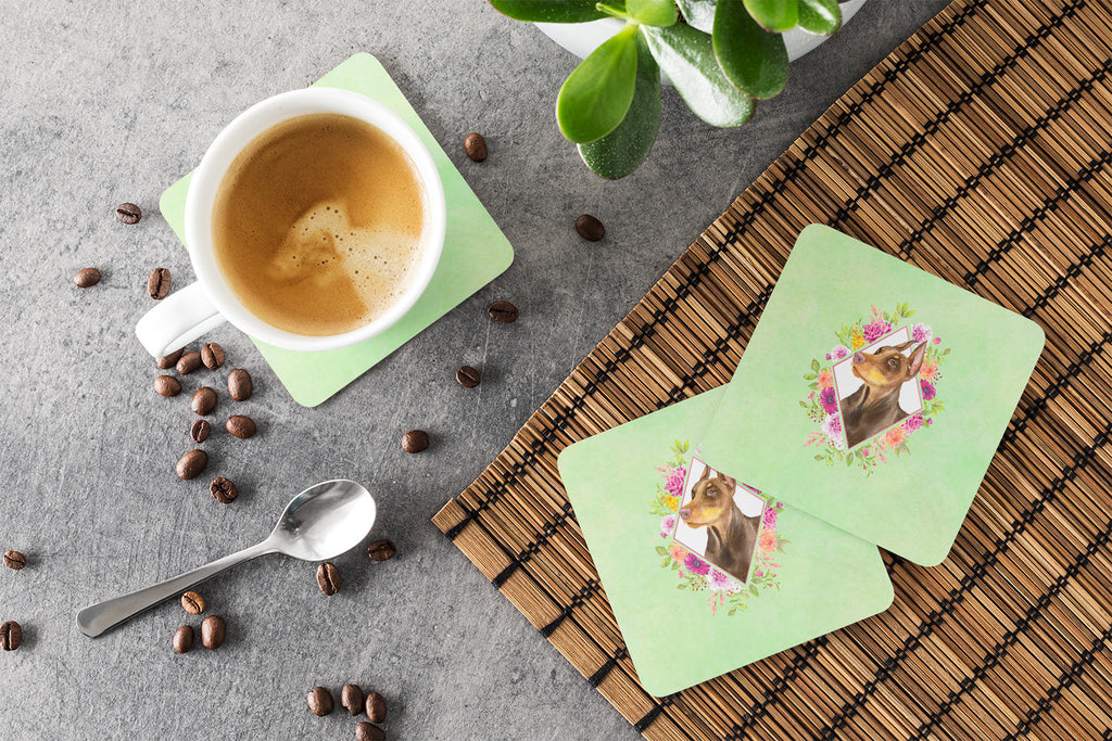 Doberman Pinscher Green Flowers Foam Coasters Set of 4 Cup Coasters for Indoor Outdoor, Tabletop Protection, Anti Slip, Mouse pad Material
