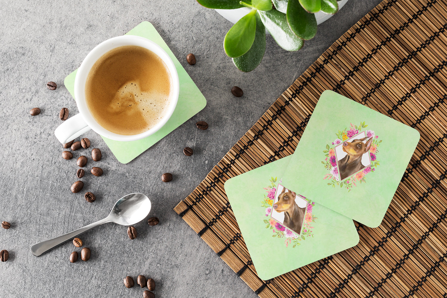 Doberman Pinscher Green Flowers Foam Coasters Set of 4 Cup Coasters for Indoor Outdoor, Tabletop Protection, Anti Slip, Mouse pad Material