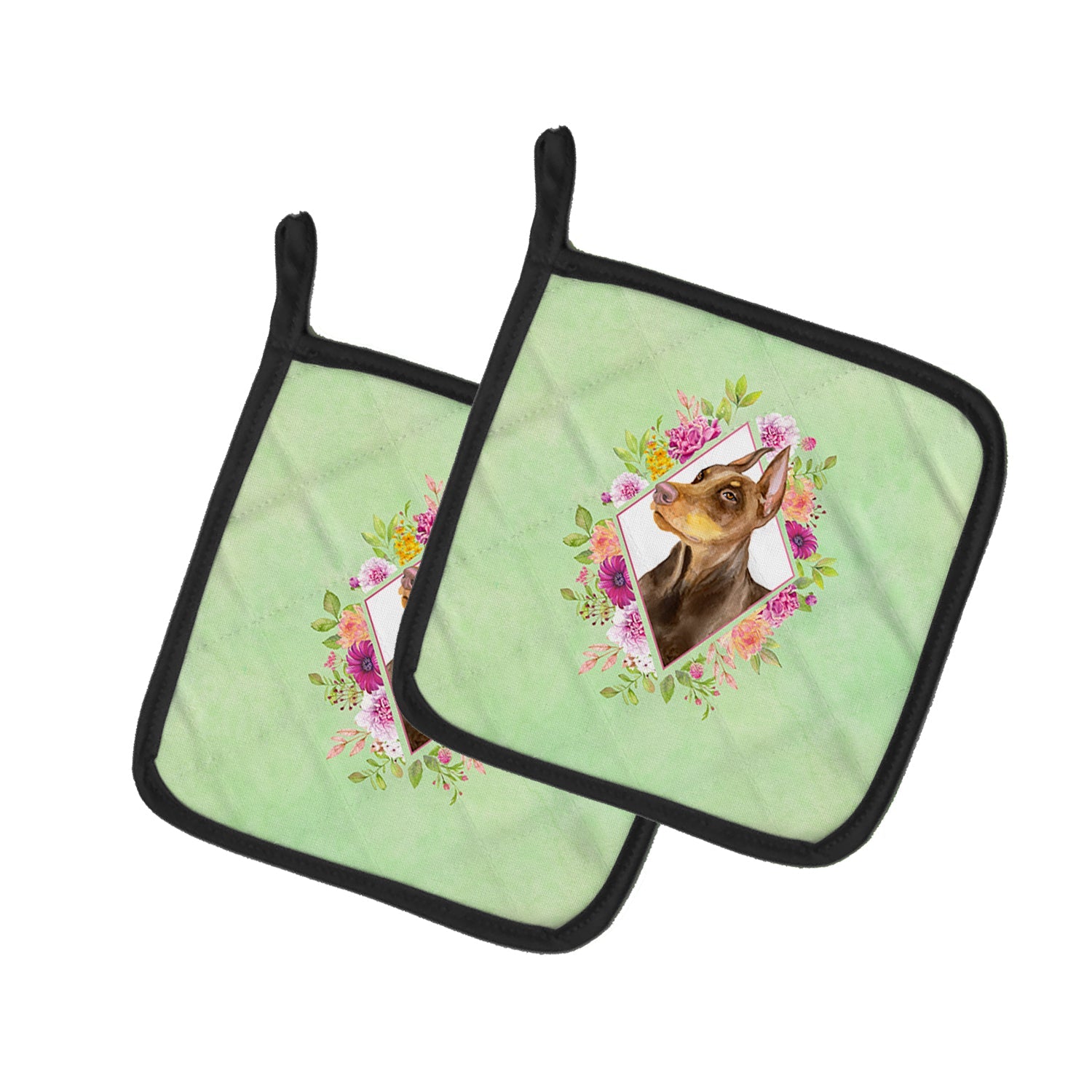 Doberman Pinscher Green Flowers Pot Holder Set of 2 Heat Resistant Quilted Hot Pads 7.5 x 7.5 Inch, Insulated Kitchen Trivets for Cooking & Baking